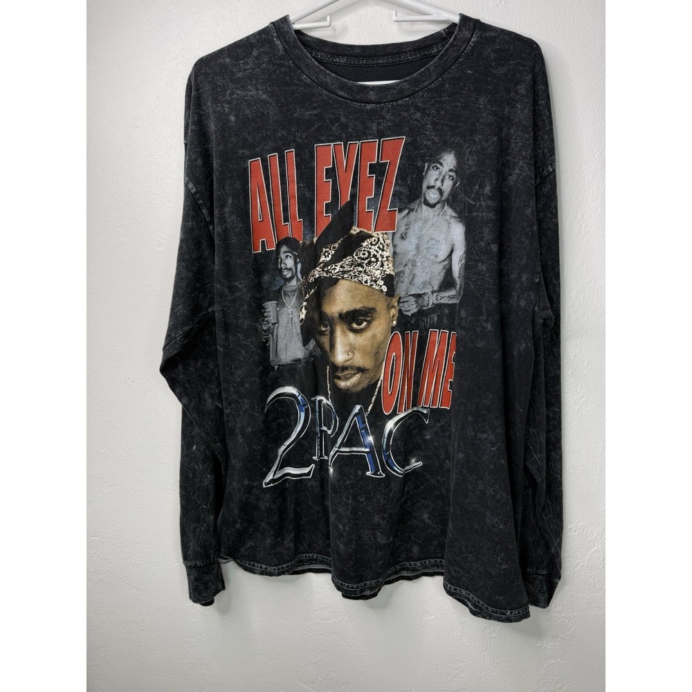 2 PAC All Eyez On Me Long Sleeve Black Grey T Shirt Size Large -2368